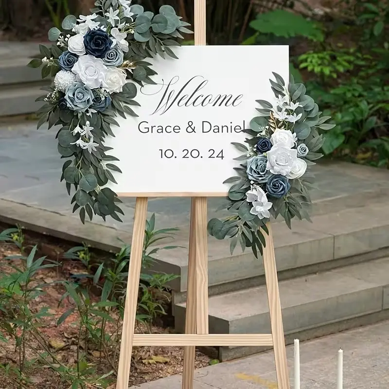 2 pieces of grey blue wedding arch artificial floral arrangement (including eucalyptus leaves), simulated rose art decoration flower wreath, suitable for wedding ceremony background decoration, bohemian style home party decoration, bride gift party decora