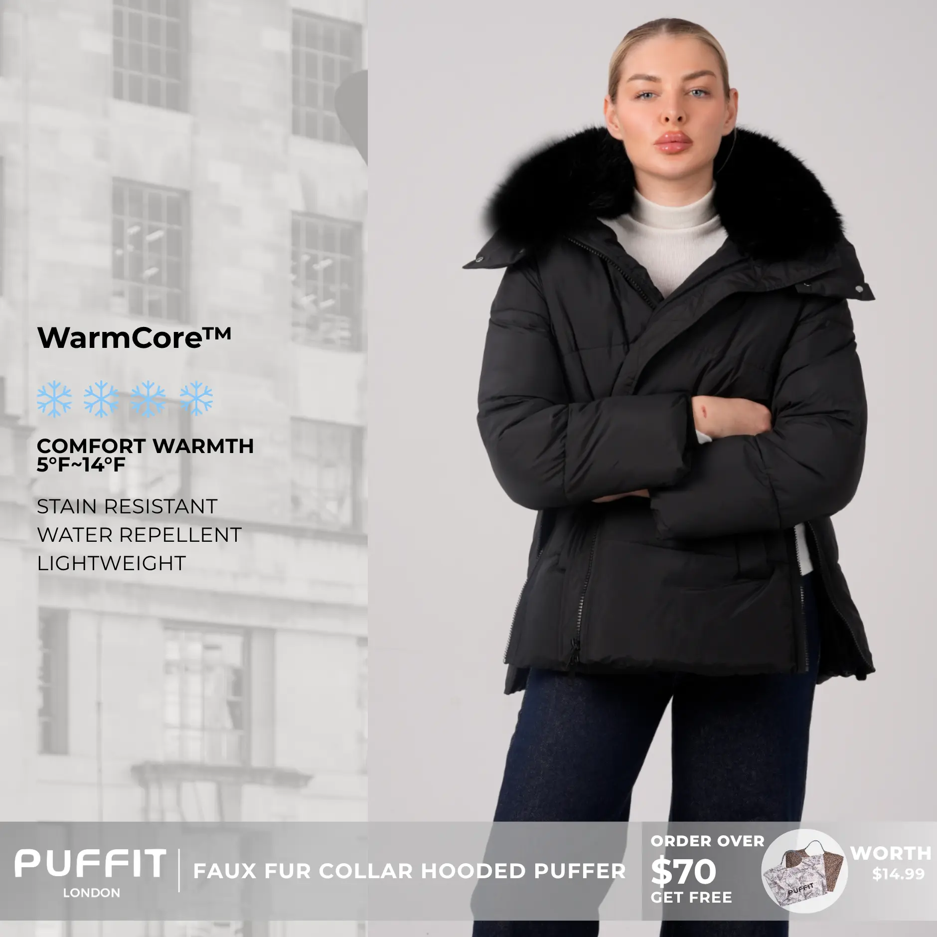 PUFFIT WarmCore Premium Removable Faux Fur Collar Puffer With Detached Hood,Removable Faux Fur Collar,Side Zipper Design,Windproof Sleeves,High-Density, High-Twist Fabric,Detachable Hood, Elegant And Appearance