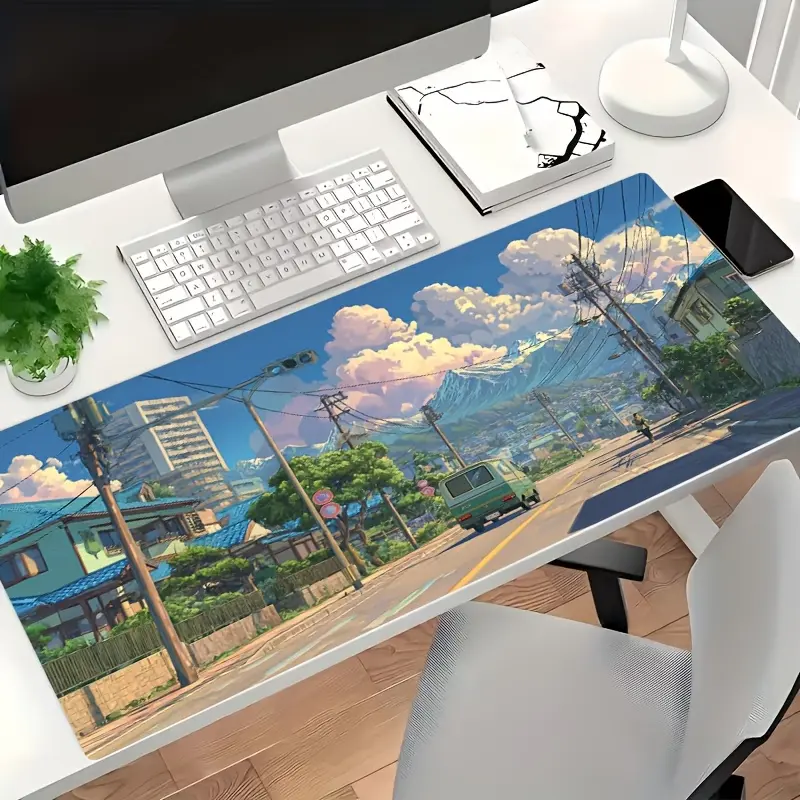 Large Japanese-style cityscape with mountains, houses, and vehicles gaming mouse pad is an ideal and perfect gift choice for gamers, a super-large desk mat, and a stylish desktop decoration. It features a non-slip, washable base and is a large-sized gamin