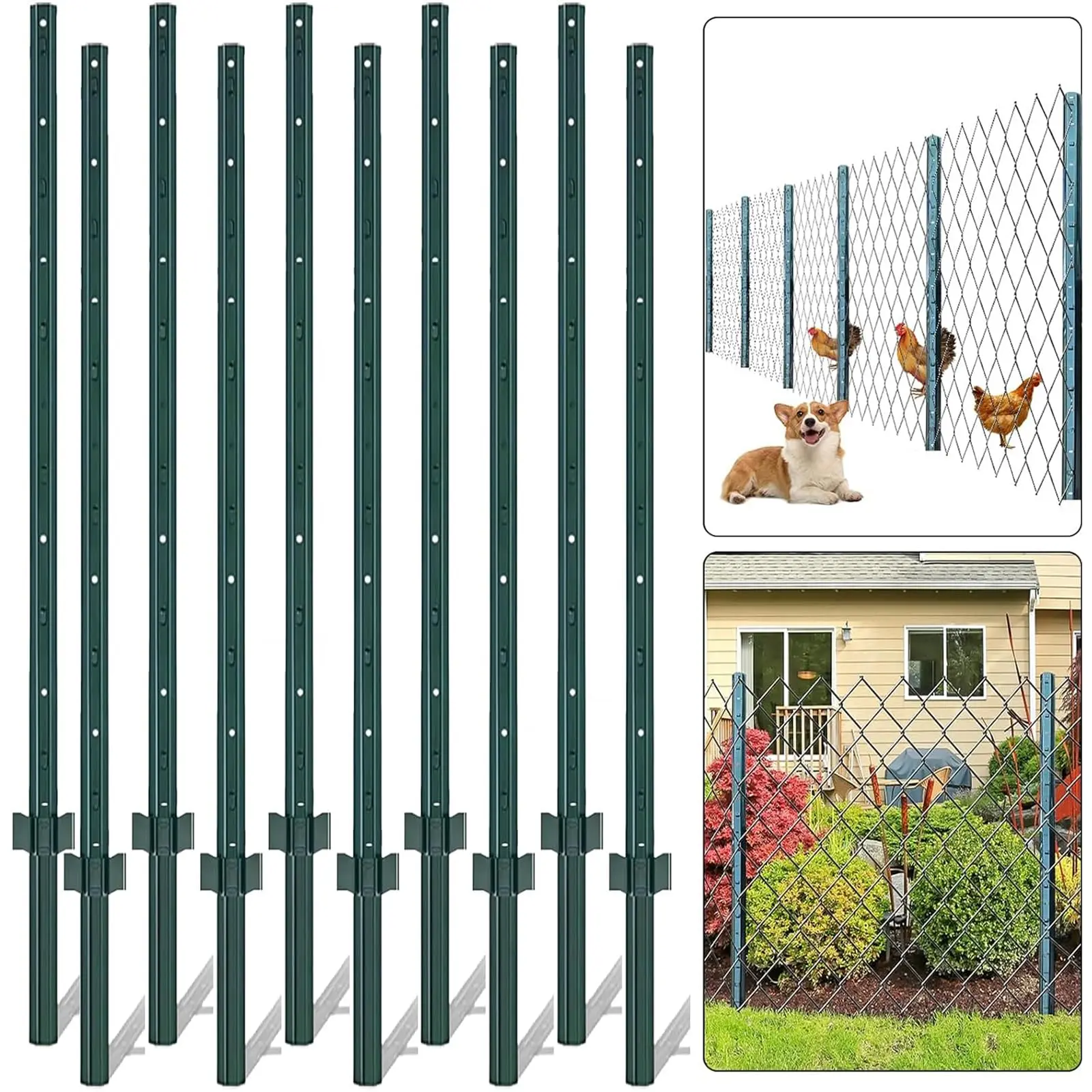 4.8ft Metal U-Post for Fencing 10-Pack, Heavy Duty Step-In No Dig Garden Stakes with Sturdy Steel Construction for Yard & Farm, Green