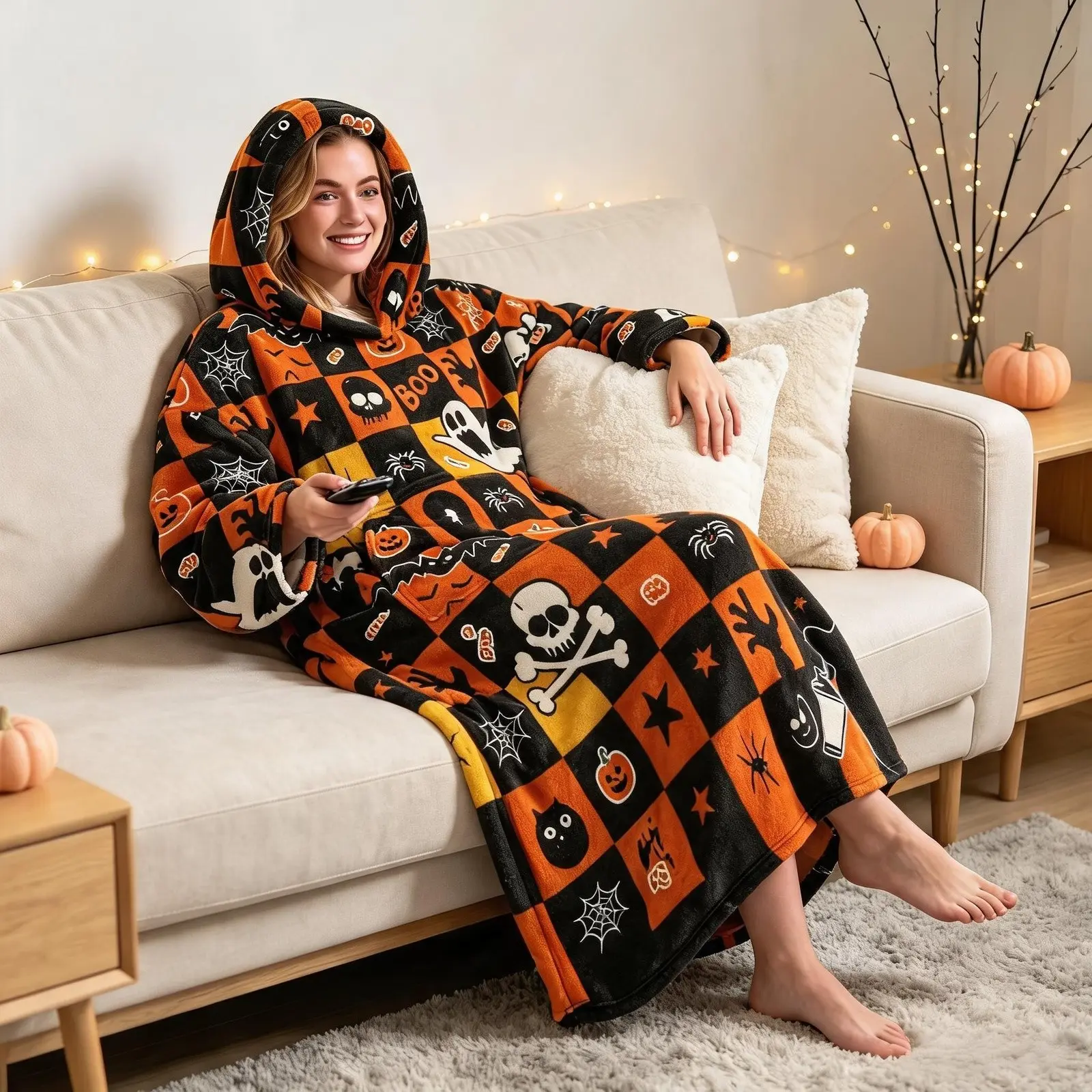 1pc Flannel Hooded Wearable Blanket with Halloween Pattern pumpkin, ghost, skull, spider, bat, black cat, etc. Cute & Playful Halloween Style, Skin-Friendly Soft All-In-One Robe for Sleep/Daily Wear, Ideal Gift for Wife, Mother, Lover, Couples on Birth