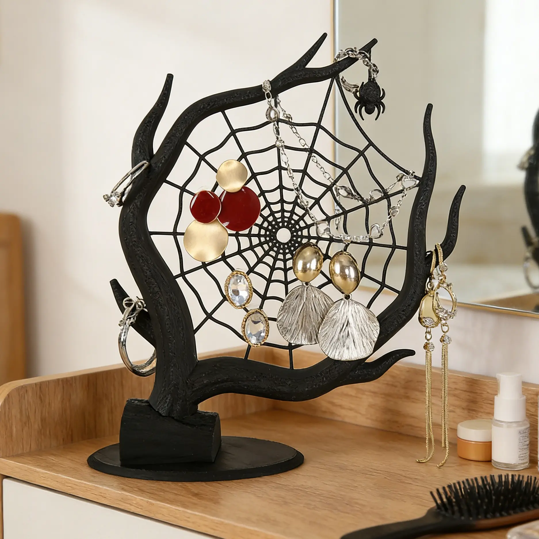 Spider Web Gothic Jewelry Display Rack – Dead Tree-shaped Stand for Earrings & Necklaces, Aged Tabletop Organizer for Dressing Table, Niche Vintage Decor for Dark Aesthetic Lovers