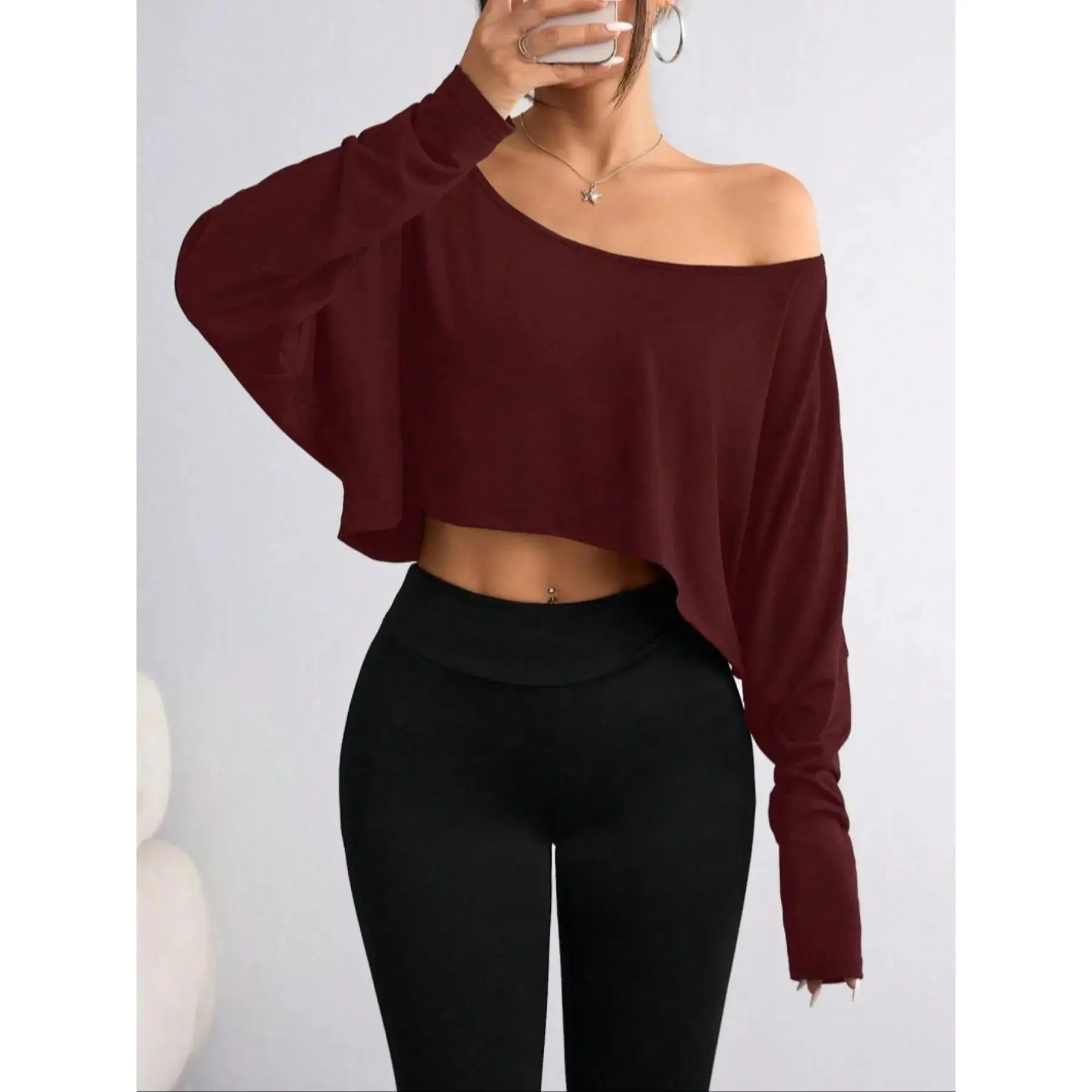 Women's Fall Winter Christmas Off-Shoulder Long Sleeve Top Blouse, Casual, Fitted, Sexy Fashion Elegance Style, Batwing Sleeve Design, Perfect for Dates and Parties