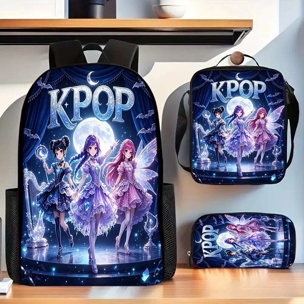 3pcs  Style Beautiful Fairy Girls Printed Backpack Set, Unisex with Adjustable Shoulder Straps, Suitable for Daily Use, School, And Outdoor Travel