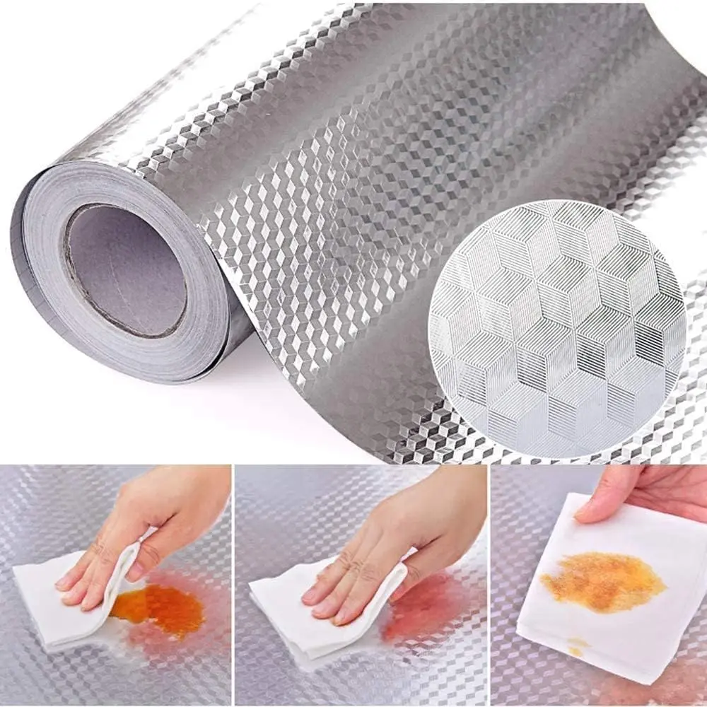 Kitchen Backsplash Stickers,15.7X196.9 inch, Self Adhesive Drawer Liner Peel and Stick Foil Wallpaper Cabinets Shelf Sticker (0.4M5M, Cube Texture-Silver)