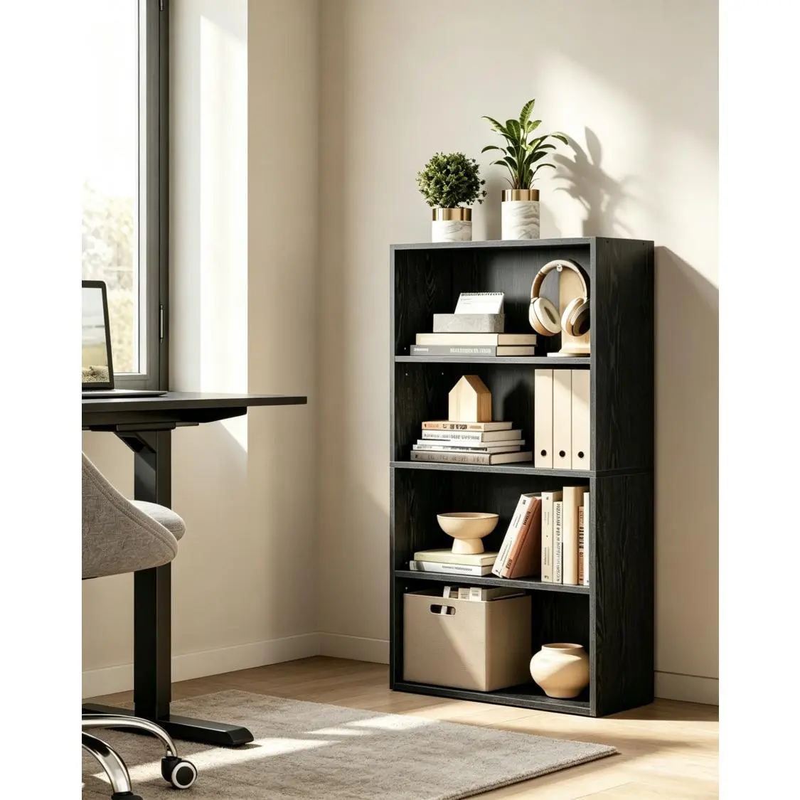 Ebony Black 4-Tier Open Storage Bookcase with Wood Composite - 9.4x23.6x42.4in Office Heavy-Duty Rack, Adjustable Shelves, Wheels, Triamine Steel Legs, Fold-Out Desk, Wall-Mounted Mid-Century Bamboo Organizer