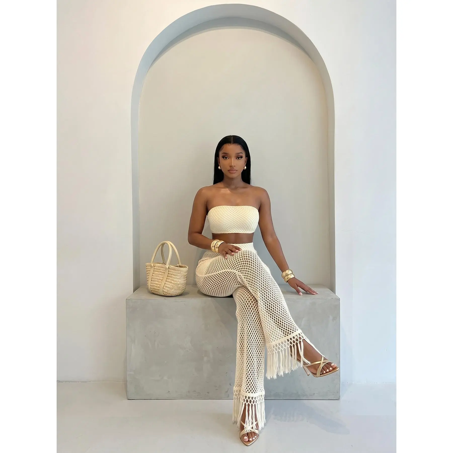 TK Summer New European and American Women's Fashion Sexy See-through Hollow Tassel Trousers Knit Tube Top Set