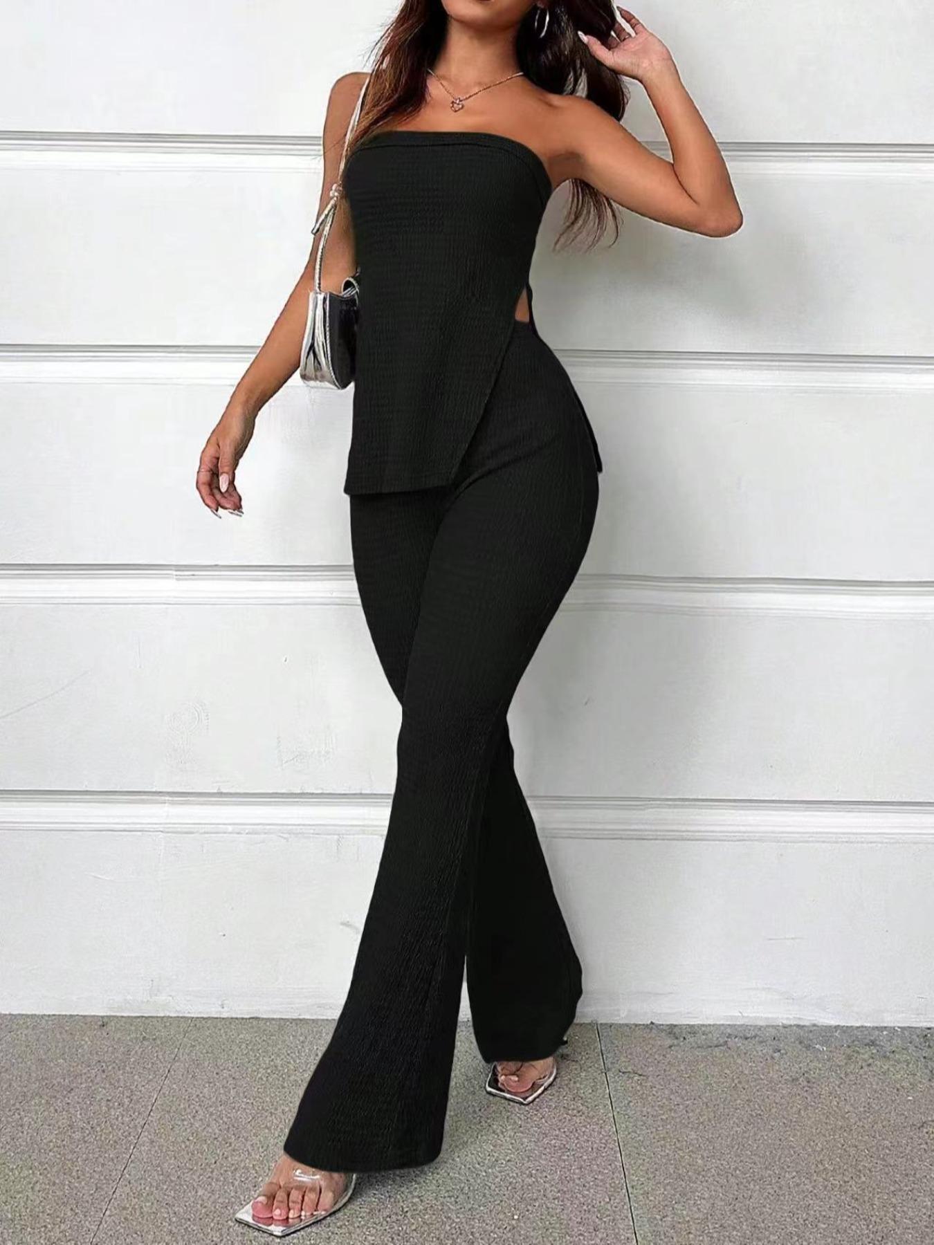 Two-Piece Set Women's Solid Split Hem Strapless Tube Top & High Waist Pants Set, Elegant Fashion Casual Two Piece Outfits for Daily Outdoor Wear, Ladies Clothes for Summer