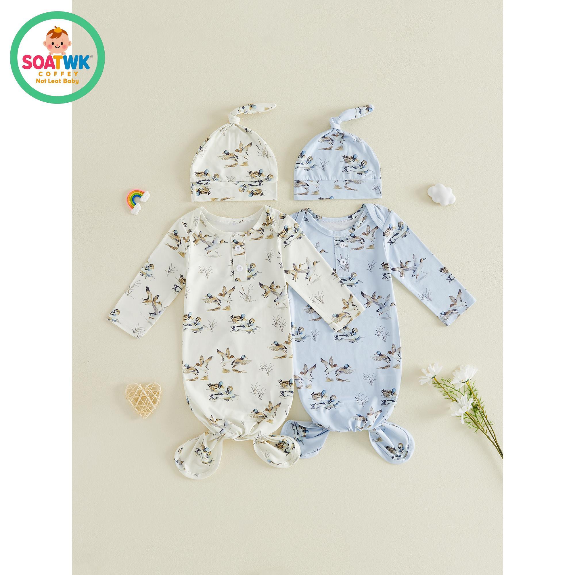Baby Boy Sleeping Bag with Hat Cute Duck Print Newborn Knotted Gown Infant Swaddle