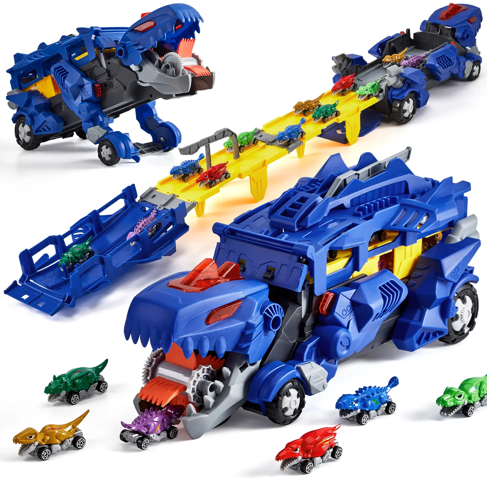 Dinosaur Carrier Truck Playset,12 Dinosaur Cars with Foldable 3-Layer Race Track, Fun Kids Toy for Toddlers & Boys/Girls Ages 3+, Great Xmas Gift Idea, Blue