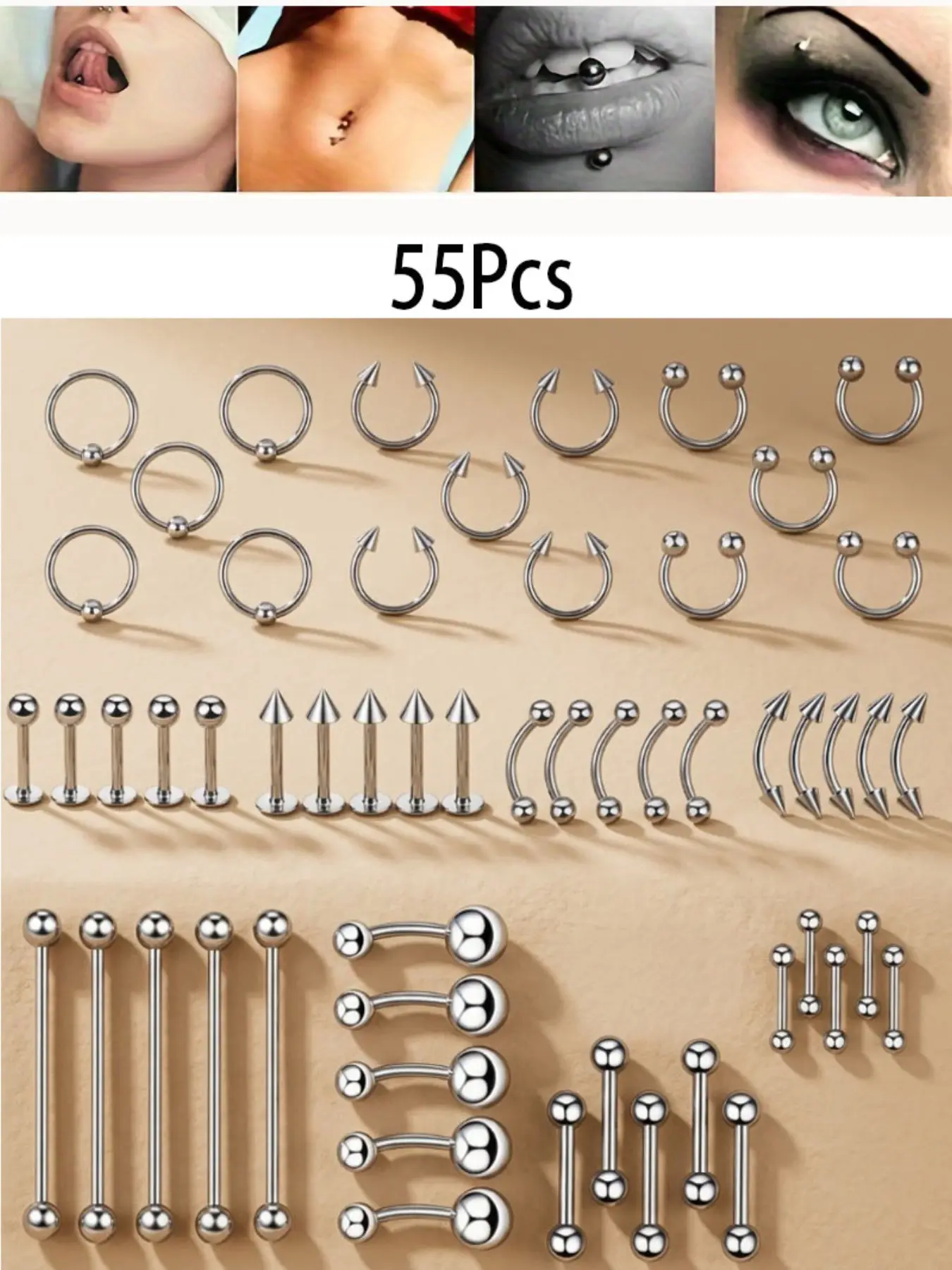 55-Piece Titanium Steel Silver Color Piercing Set, Punk Style Nose Rings, Lip Studs, Eyebrow Pins, Hip hop Jewelry