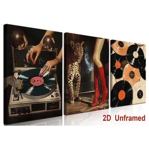3-Piece Set of Frameless, Stylish Leopard-Print Canvas Wall Art; Cool Cheetah-Themed Vinyl Record Wall Decor; Retro Disco Ball Art Prints—Stylish Home Decor for Living Rooms and Bedrooms