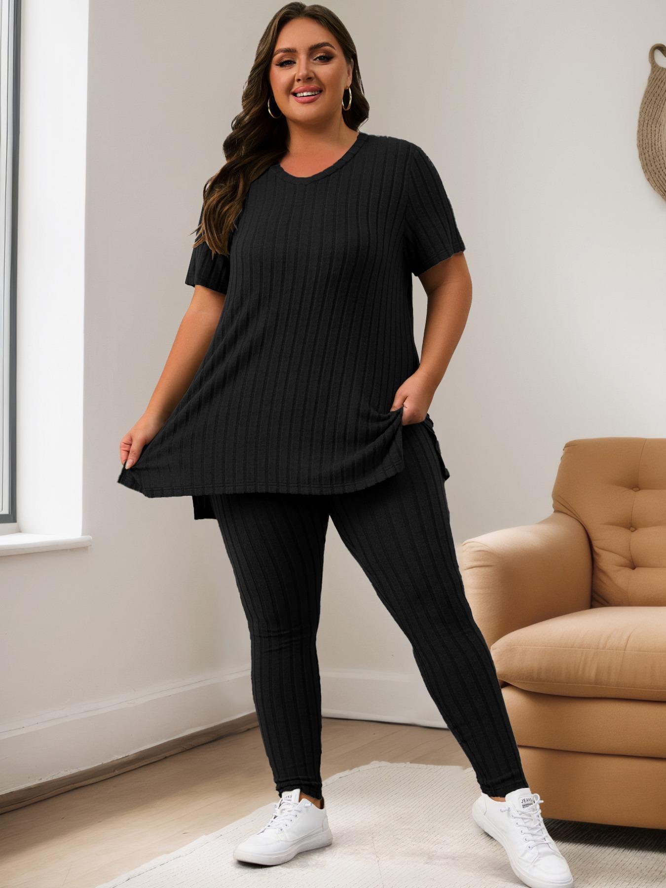 【Plus Size】 Solid Color Ribbed Tee & Elastic Waist Pants Set, Casual Fashion Cozy Two-piece Outfits for Daily Outdoor Wear, Women Clothing for Summer, Womenswear