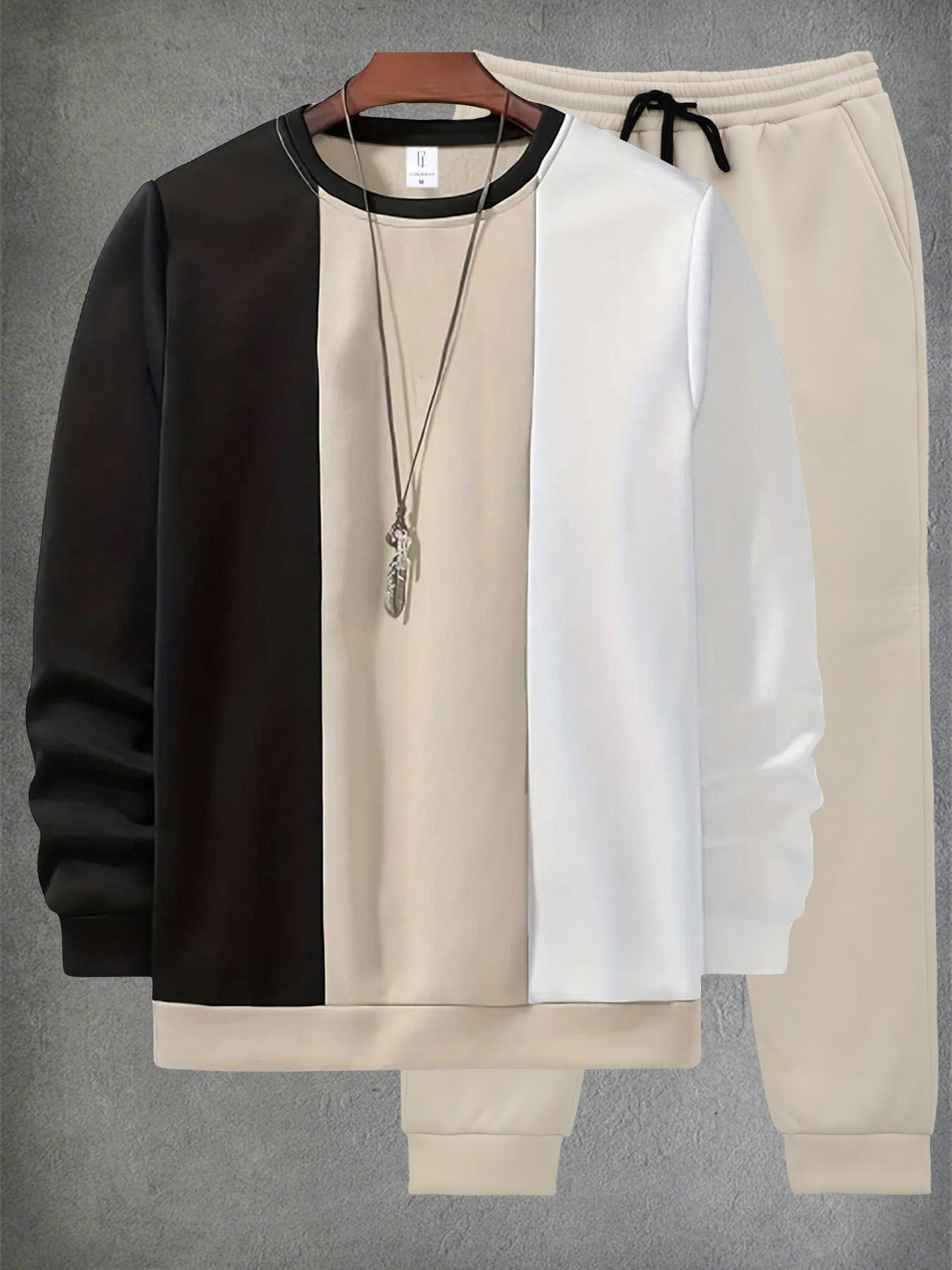 Men's Colorblock Print Sweatshirt & Pants Loungewear Two-piece Set, Casual Comfy Long Sleeve Pullover & Jogger Pants, Men's Sleepwear for Spring & Fall, Nightwear Loungewear Set