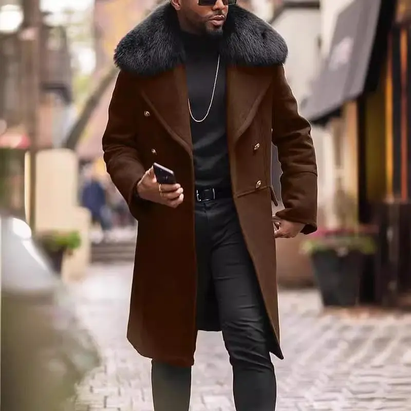 Mid-length woolen coat with fur collar for winter Menswear Jackets Tops Long Sleeve Beige Black