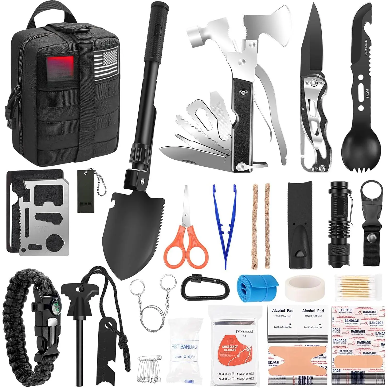 150-PCS Survival Backpack Kit for Men, Male Emergency Prep Hunt Gear Accessories with Trauma Bag & Molle Pouch, Outdoor Trips Camping Home Emergency Kit