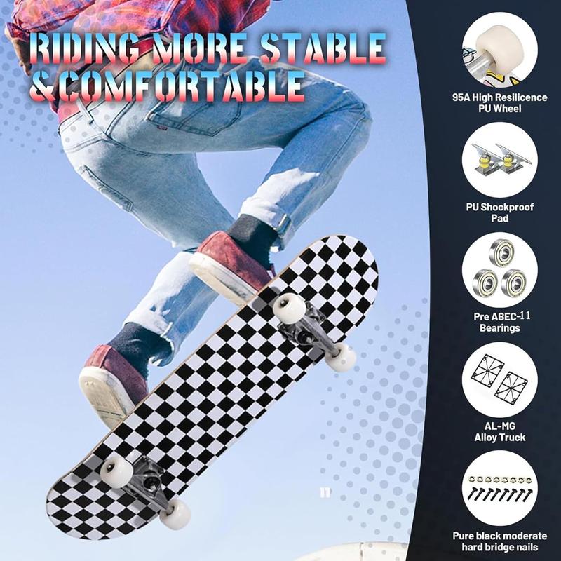 Pro Complete Skateboards for Beginners Girls Boys Kids Youths Teens Adults 31"x8" Skate Boards 7 Layers Canadian Maple Double Kick Deck Concave Longboard