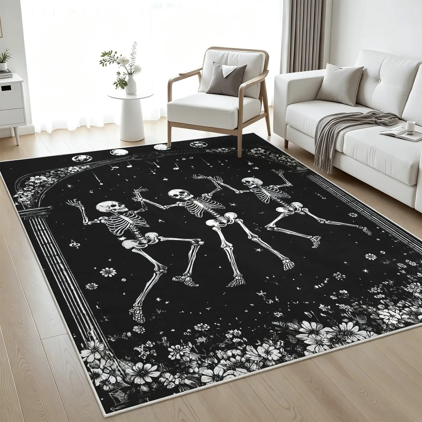 8x10ft Contemporary Faux Wool Dancing Skeleton Area Rug - Ultra-Soft, Non-Slip Backing, Durable Edge, Machine-Washable, Stain-Resistant Indoor Floor Carpet for Living Room, Home Offices, Halloween Home Decor