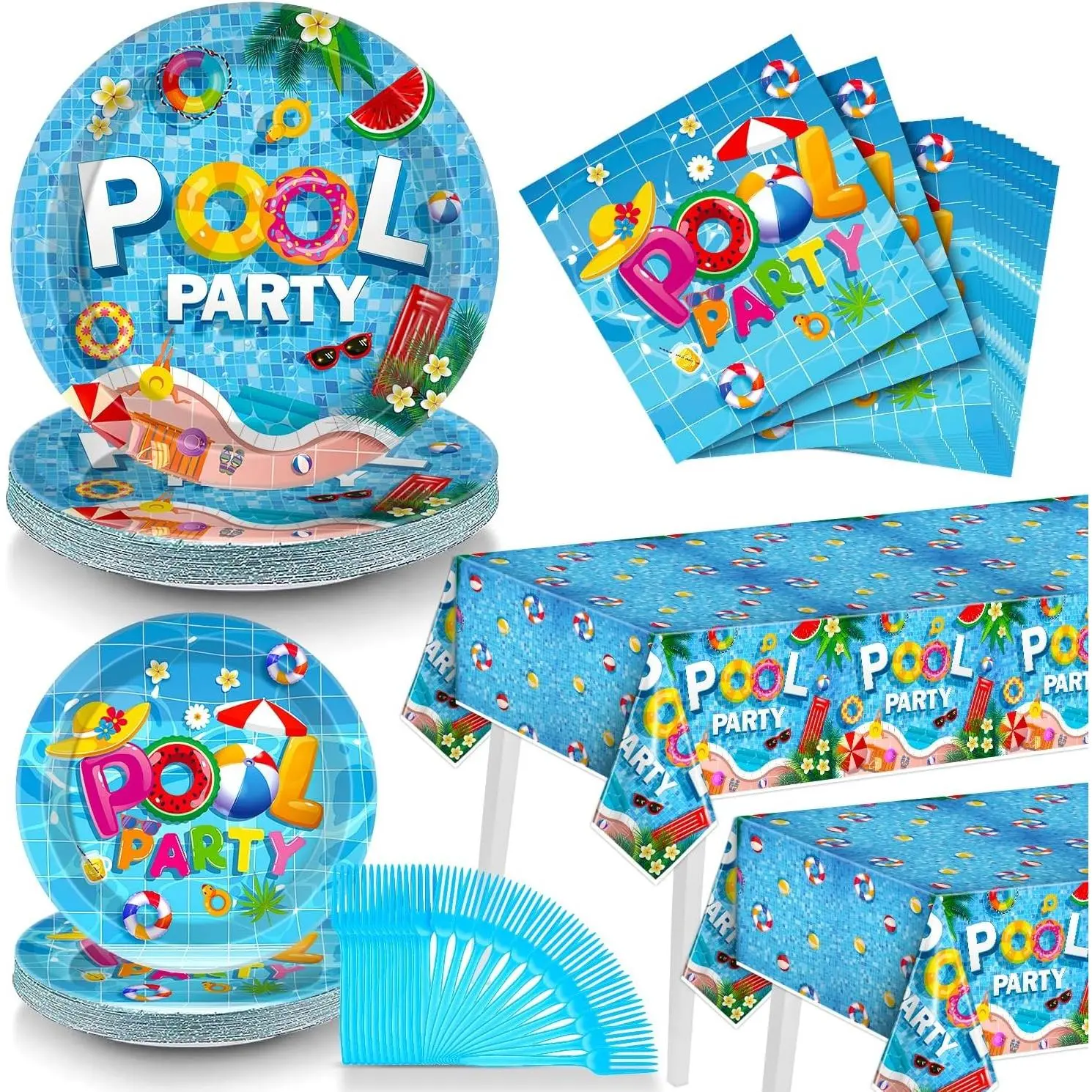 Disposable Water Proof Summer Tableware Kit - Pool Party Prop Set with Tablecloth, Plastic Forks, Plates, Napkins, Ideal Supplies & Gift