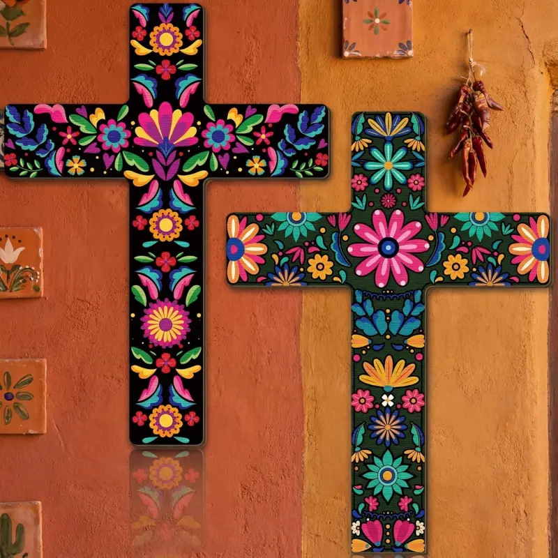 Pinkunn 2 Pieces Mexican Floral Crosses Wall Decor Mexican Wall Art Hand-Painted Decorative Inspirational Wooden Floral Cross Spanish Cross Decorations for Home Room Church Decoration