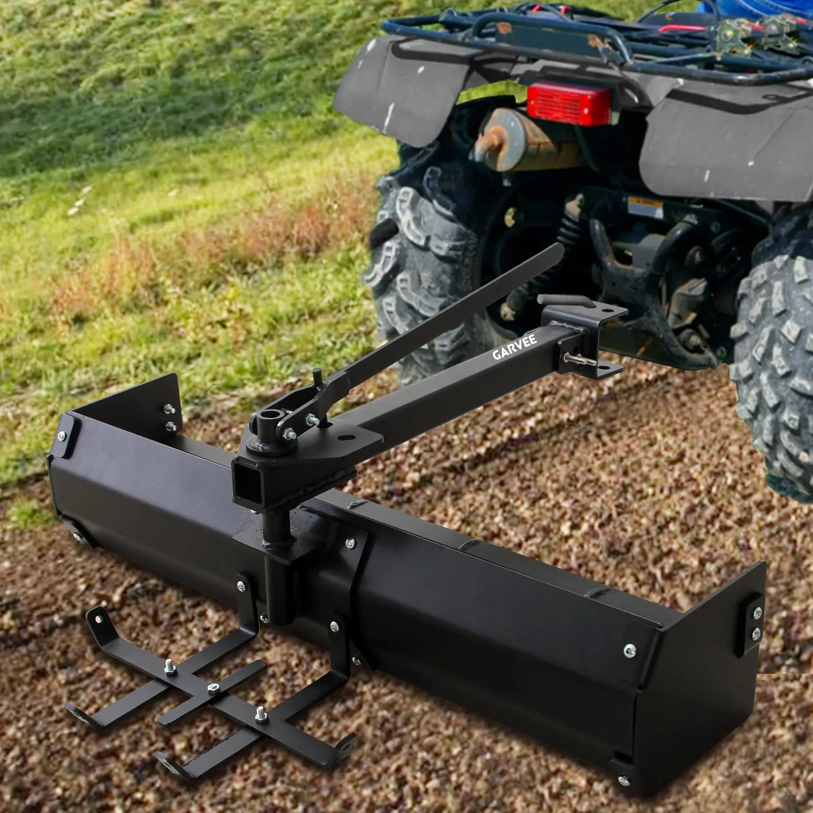 GARVEE 42-Inch Tow-Behind Box Scraper - Carbon Steel Blade, 30° Angle Locks, Universal Hitch for Lawn Tractors, Weight Tray, Crowns Road Edges, Driveway Leveling Heavy-Duty Tool