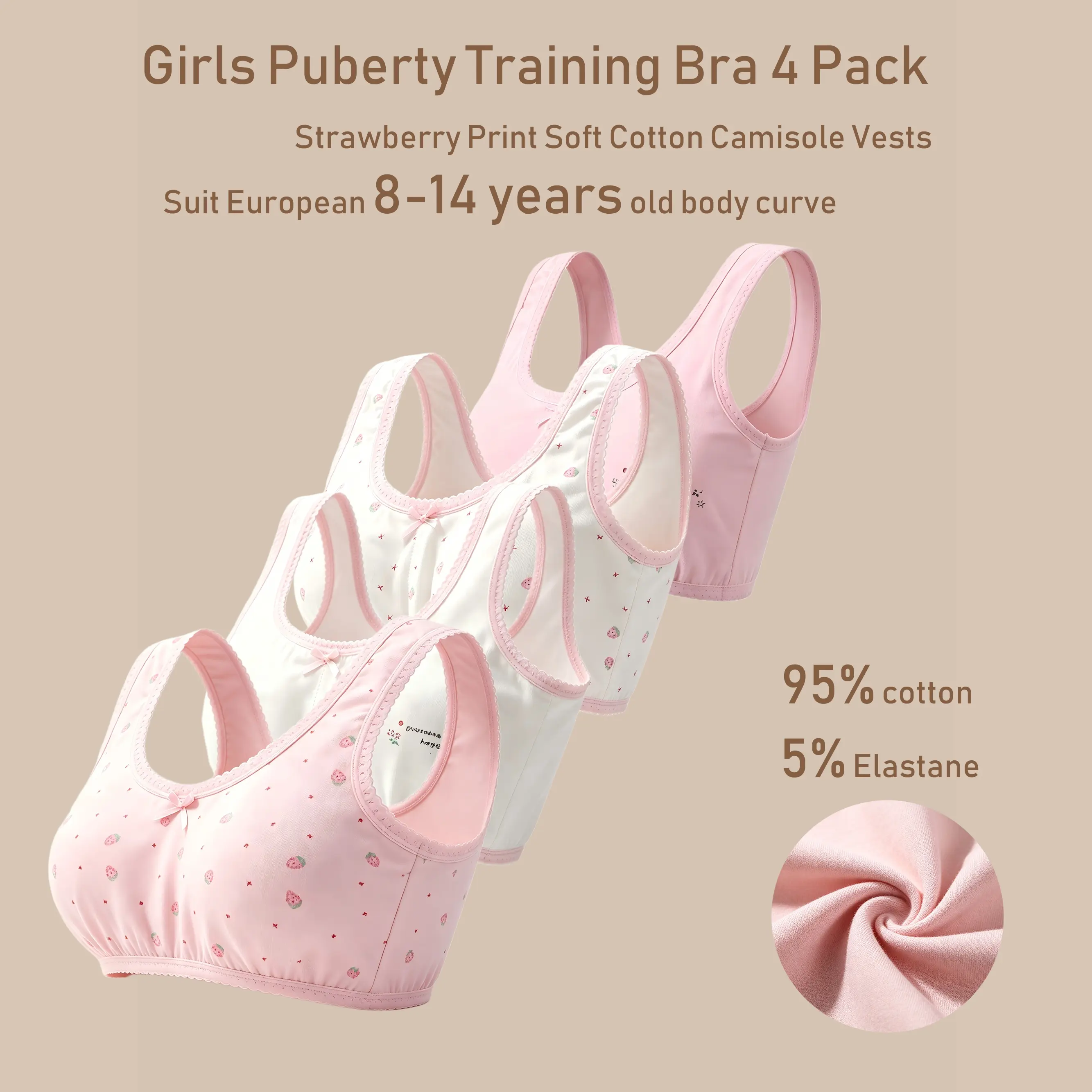 Girls 4 Pack 95% Cotton Training Bra, Strawberry Print Wide Strap Teen Puberty Cami Bralette Vest Size 130-160