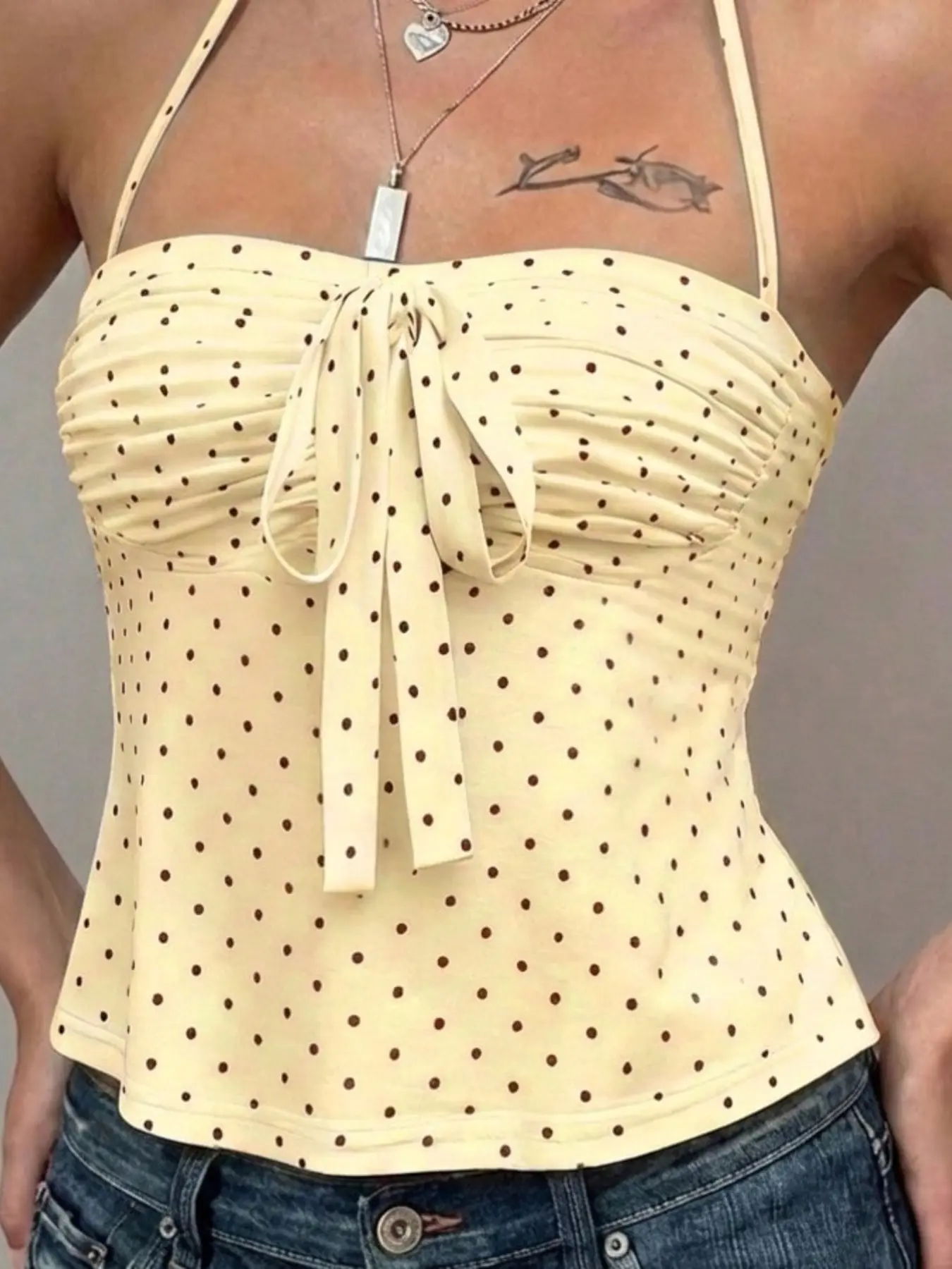 French Polka Dot Halter Top for Women, Adjustable Drawstring Bow Waist, Detachable Straps, Sexy Short Tank Top Design