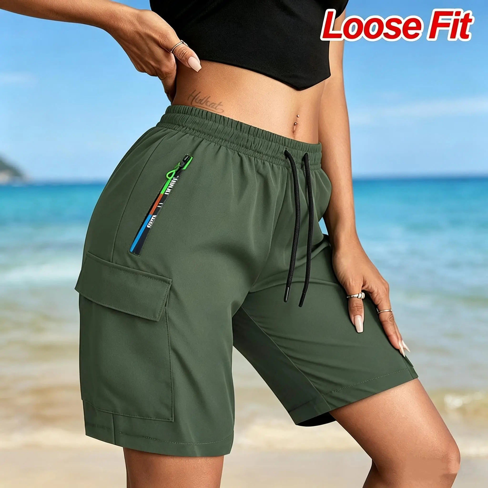 Women’s gradient cargo shorts, drawstring waist, knee-length bottoms—lightweight, comfortable shorts for summer casual and street style