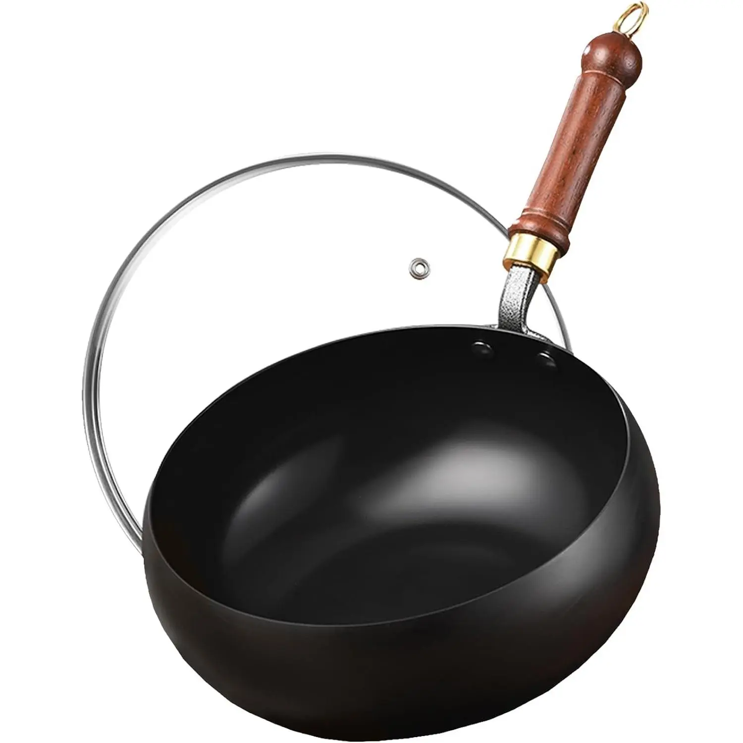 Carbon Steel Wok Pan, 8.7 INCH Nonstick Pre-Seasoned Woks & Stir-Fry Pans with Lid, No Chemical Coating Wok Flat Bottom Small Handmade Chinese Wok for Induction, Gas, Electric & All Stoves