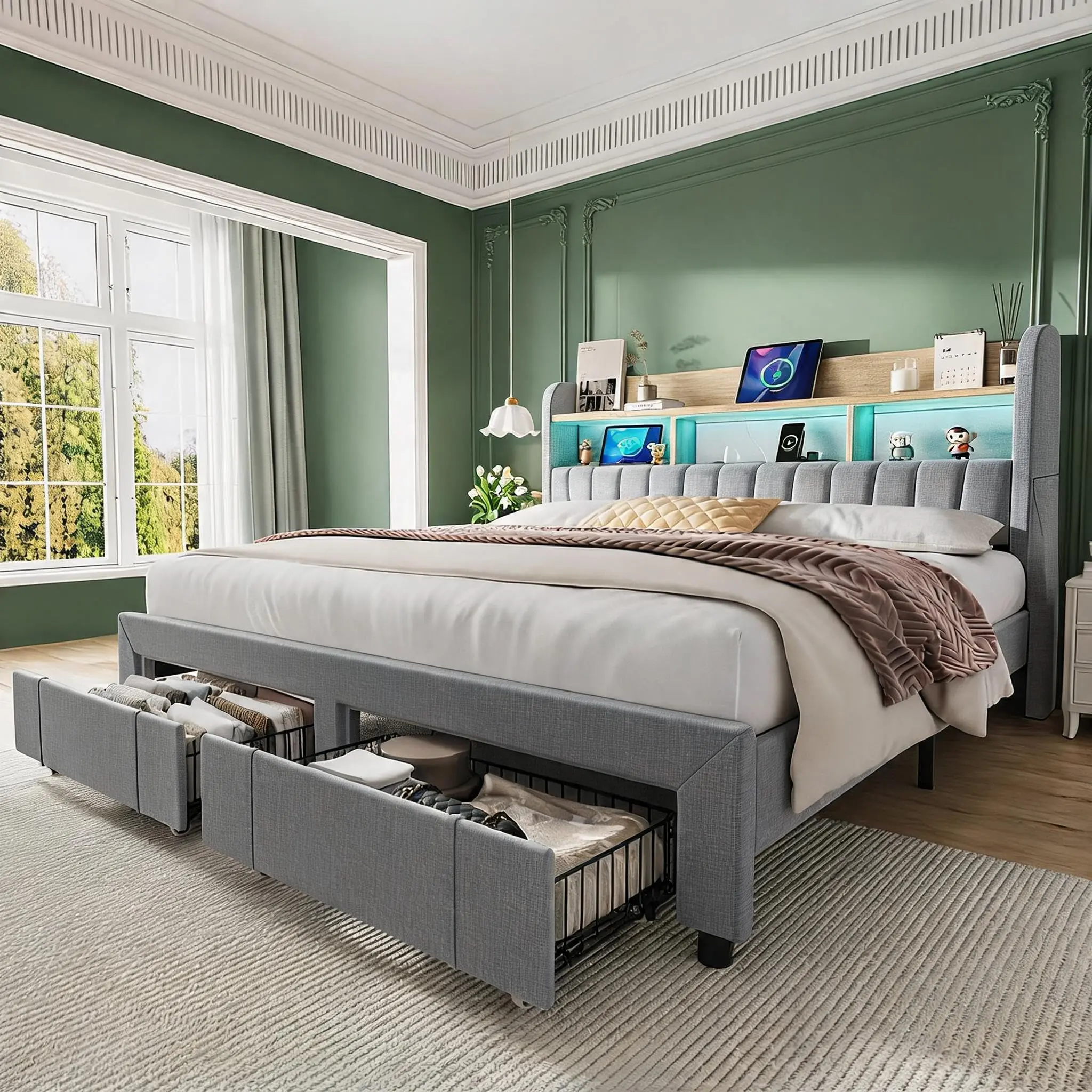 Garvee Full Size Upholstered Bed Frame with 2 Storage Drawers and LED Lighting, Grey Bed Frames