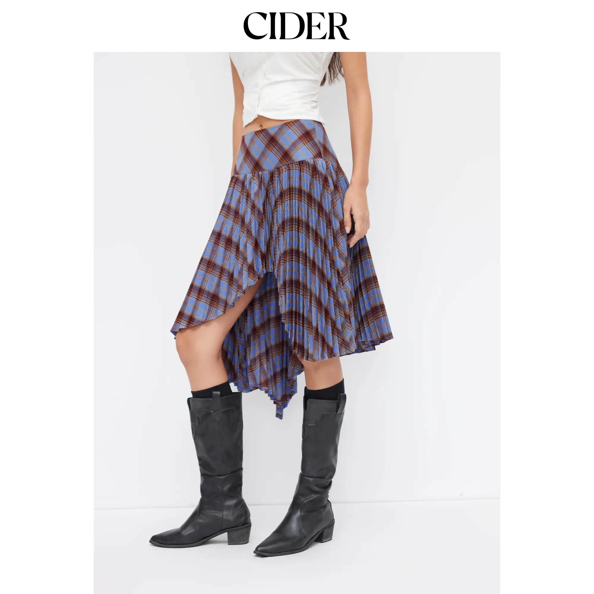 Cider Plaid Mid Rise Asymmetrical Hem Pleated Midi Skirt