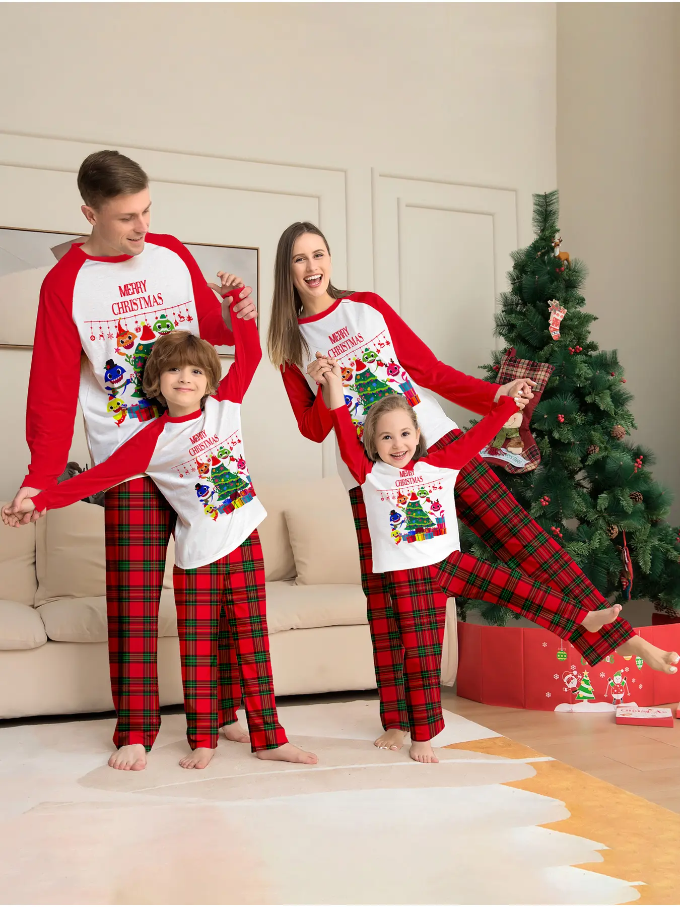 Christmas Hat Letter Print Family of Four Matching Pajamas Set, Long Sleeve Top & Long Pants Loungewear Two-Piece Outfit with Red Contrast Trim, Soft Skin-Friendly Breathable Knit Fabric. Ideal for Christmas Family Photoshoots, Holiday Party Outfits, Dail