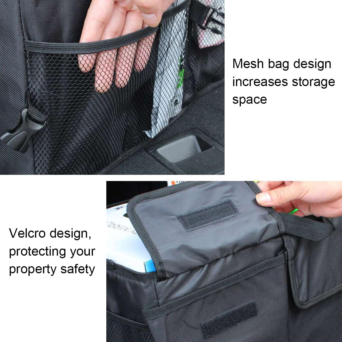 Trunk Organizer, Collapsible Multi Compartment  Storage Box,  Adjustable Automotive Organization Container Accessories, Universal for SUV, Sedan,  (Black)