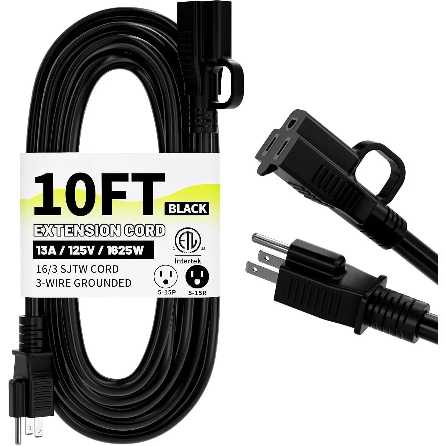 16/3 Black Indoor Outdoor Extension Cord 10 Ft , Extension Cord with 3 Prong Grounded Plug,13A 1625W 16AWG SJTW, Flexible Weatherproof Power  for Offices, Gardens and Lawns