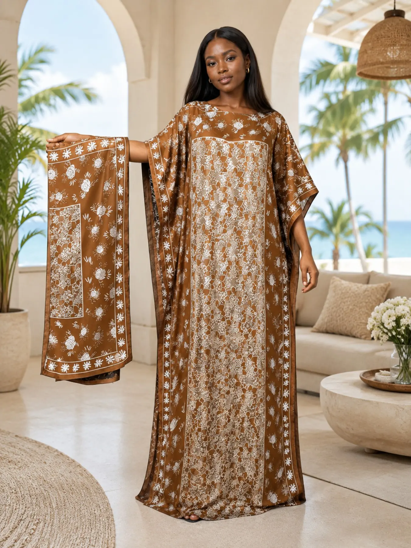 Plus Size Women's Two-Piece Satin Robe Set, Caramel Vintage Floral Print, Loose Batwing Sleeve, Home & Beach Wear