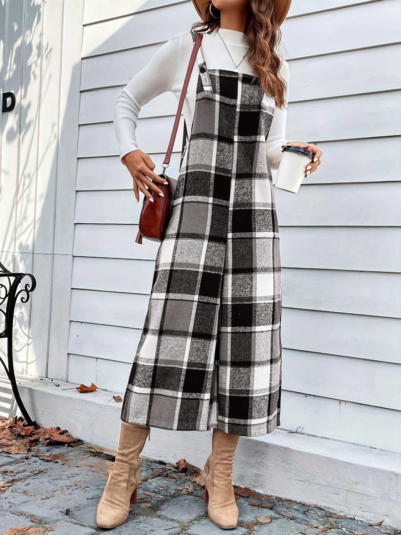 Women's Plaid Wide Leg, Elegant Square Neck Romper, Fitted Woven Fabric, Spring & Fall Fashion, Moderate Thickening, Casual Style Jumpsuit