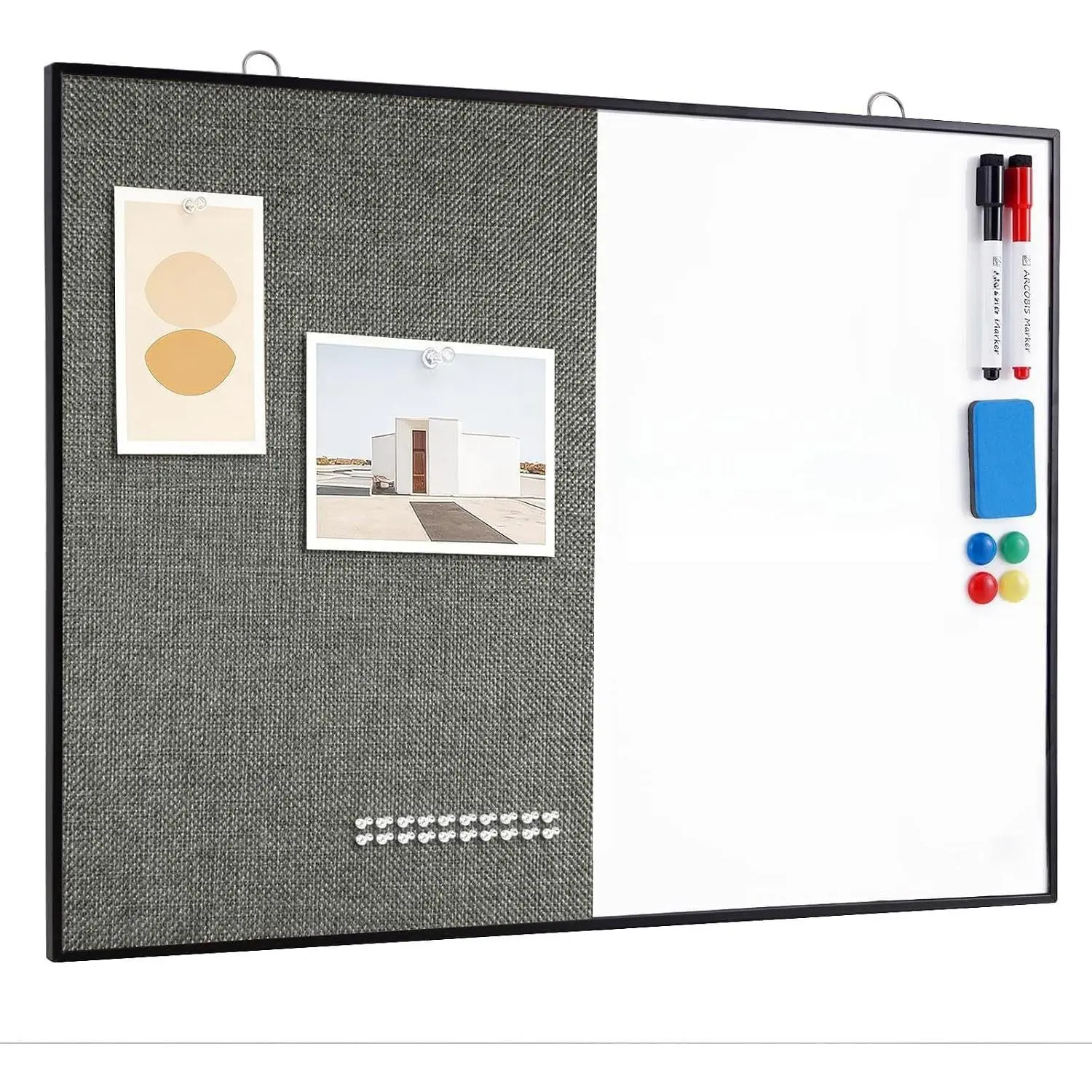 Cork Board White Board Combo, 24"X18" Linen Bulletin Board Whiteboard for Wall, Double-Sided  Dry Erase Corkboard for , Office, School, Dark Grey