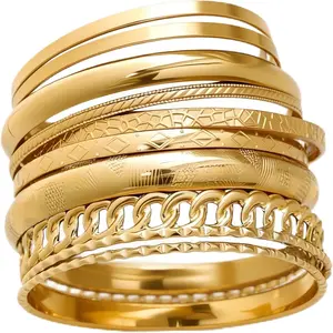 Gold Bangle Bracelets for Women, Indian Bangles Stackable Set, Multi Layer Textured 14K Gold Plated Chunky Bracelets Boho