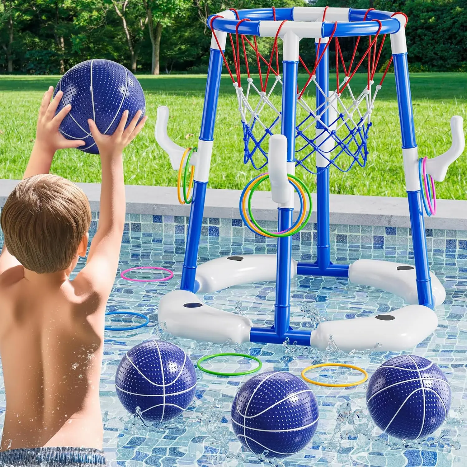 Pool Basketball Hoop 2-in-1 Floating Pool Toys with 4 Balls and Inflatable Pump, Indoor Outdoor Water Basketball Swimming Pool Games Gifts for Kids Ages 4-8 8-12