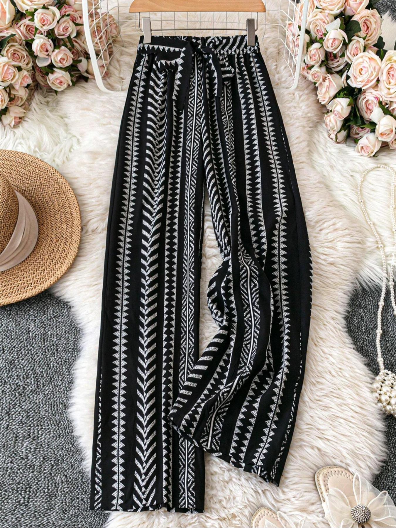 Women's All Over Print Tie Waist Wide Leg Pants, Boho Casual Comfy Trousers for Daily Holiday Vacation Wear, Women's Bottoms for Summer, Bohemian Street Trousers