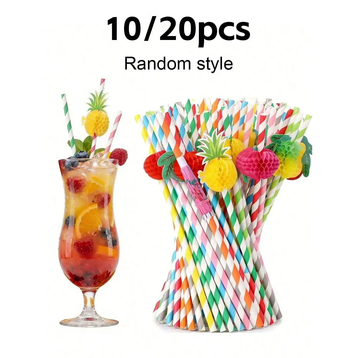 10/20 Pack Tropical Fruit Honeycomb Paper Drinking Straws for Cocktails and Parties, Fruit Pattern Eco-Friendly Disposable Straws for Hawaiian, Pool, Birthday, Wedding, Outdoor Camping and Beach Dinners, Perfect for Halloween and Christmas