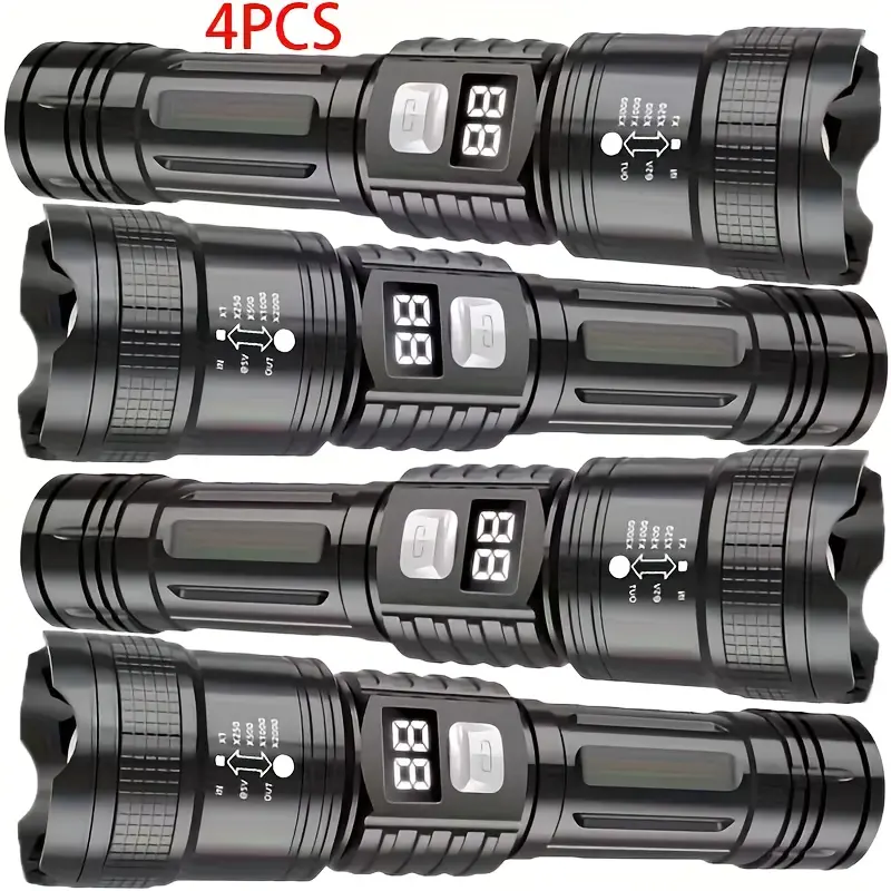 4pcs Multipack Rechargeable High-Power LED Flashlight Set Pack (NQ1660976) - Zoomable Spotlight, USB Cable, 1200mAh Lithium Battery, Super Bright Long-Range Light for Outdoor Camping, Emergency, 4Pcs Flashlight, Led Digital Flashlight