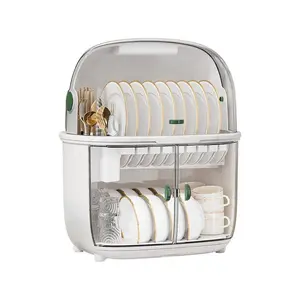 HOHOBLA 2 Tiers Dish Drying Rack Drain Board With Lid Cover, Kitchen Plate Cup Tray Cutlery Drainer, Transparent Magnetic Suction Doors Bowl Drying Rack Chopsticks Holder Dishes Organizer Tableware Cabinet