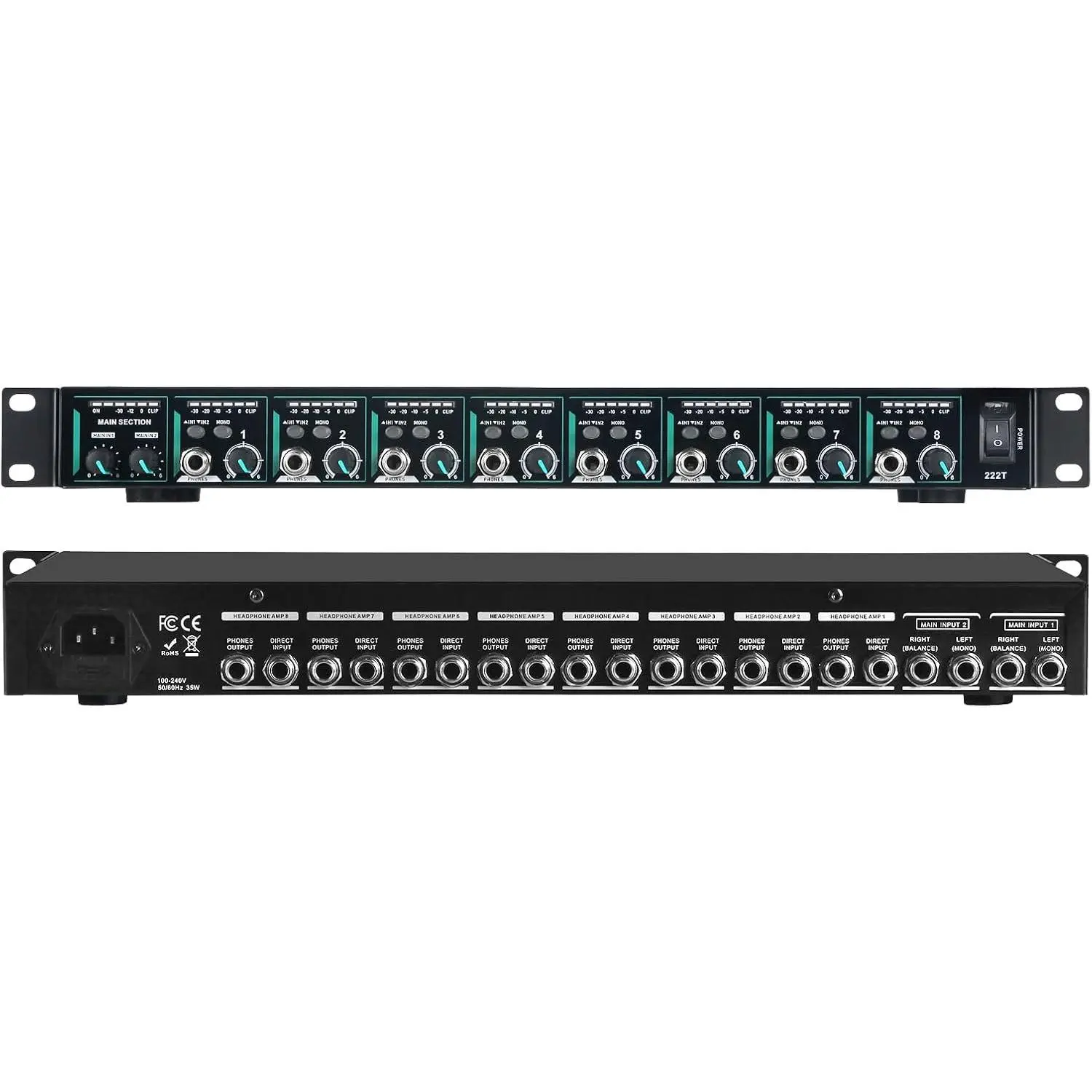 8- Headphone Mixing Distribution Amplifier, Mountable High-Power Headphone Splitter Amp with Mono/Stereo Modes, 16 Headphone Outs, LED Meters for Studio & Live Sound