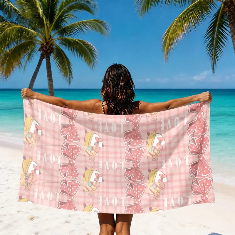 Pink Bow Heart Beach Towel, Cute Romantic Pattern with Sweet Feminine Style, Soft and Lightweight Feel, Ideal for Beach, Pool, Travel and Vacation, Gift for Women and Couples, Romantic Beach Style