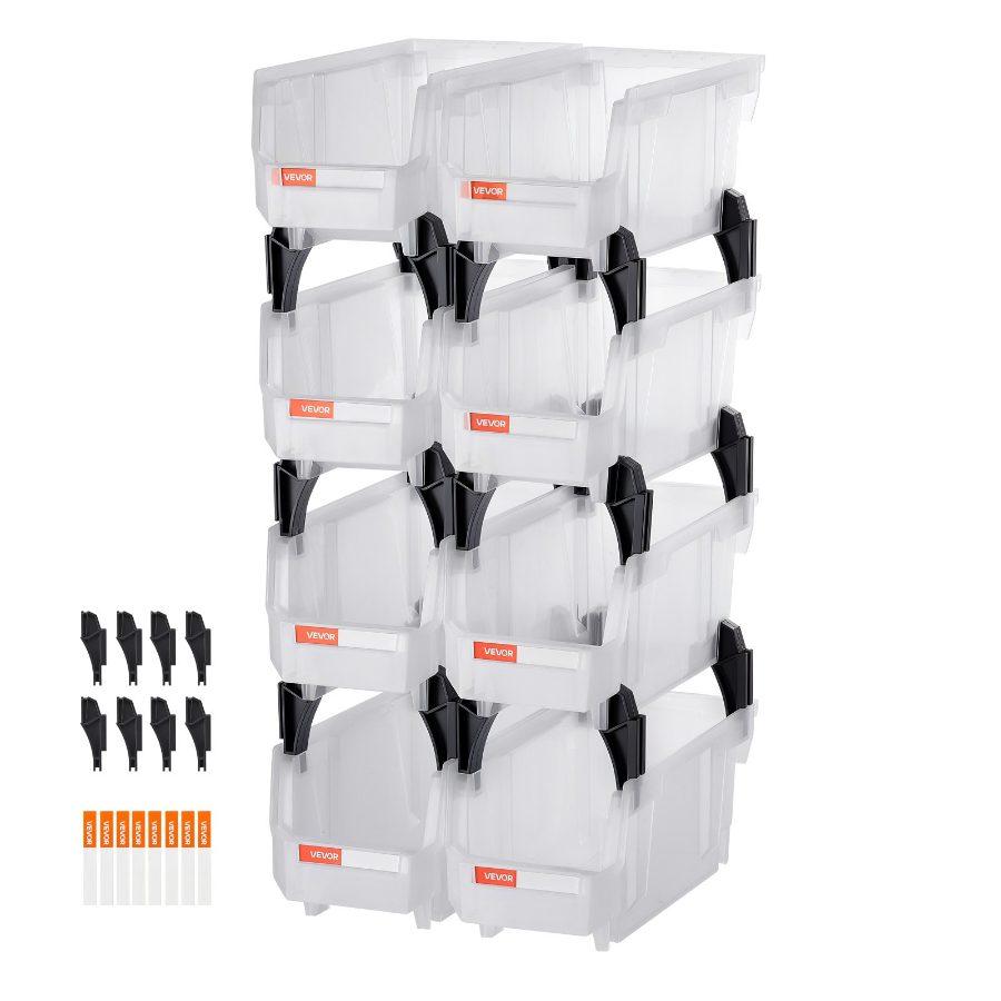 VEVOR Plastic Stackable Storage Bins, 10.9x 5.5x 5.1 inch (8 Pack), Plastic Containers for Organizing Storage Bins for Closet, Garage, Small Parts, Office Supplies, Other Accessories, Transparent