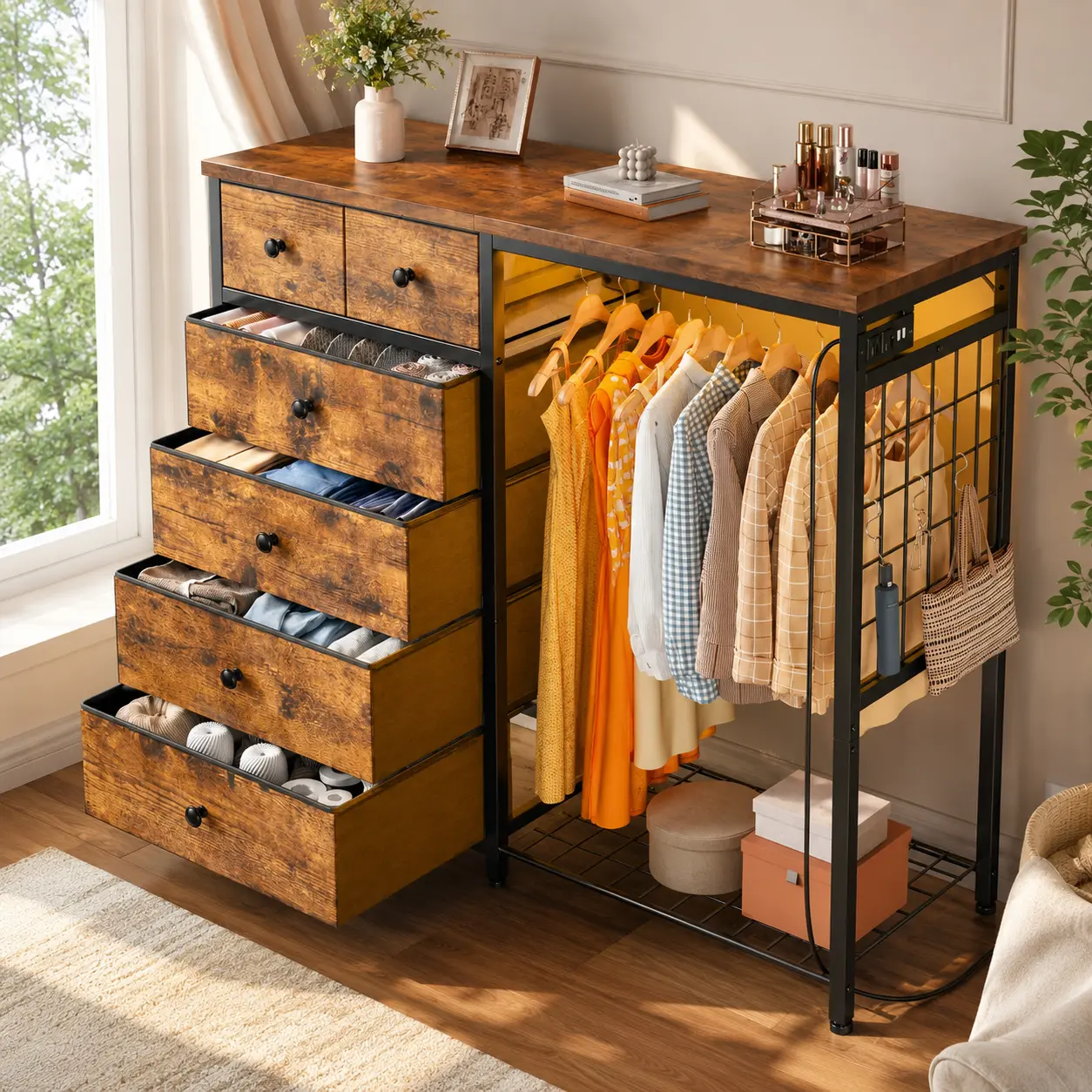 Fabric Wardrobe Storage Locker with Hanging Rack, LED Lights & Charging Station, Multi-Shelf Clothes Organizer with Wooden Top Panel and Sturdy Metal Frame, Freestanding Closet for Bedroom, Dorm Room & Small Spaces