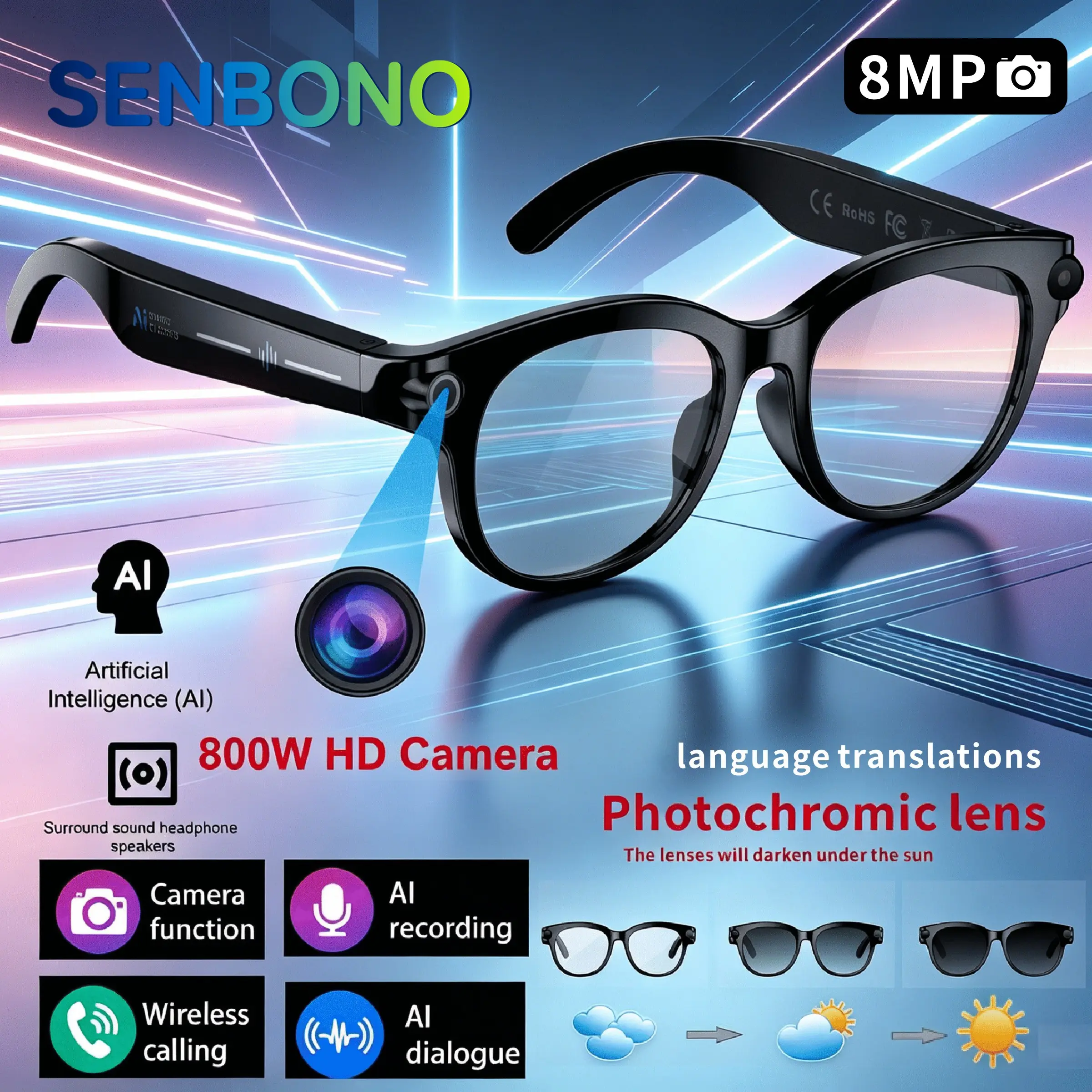 2026 New Smart AI Glasses with Camera and Video, 8MP HD Camera, HD Recording, 290mAh High-Capacity Battery, Wireless 5.4GHz Call, AI Language Translation, Voice Assistant, Touch/Music Playback, Perfect Gift