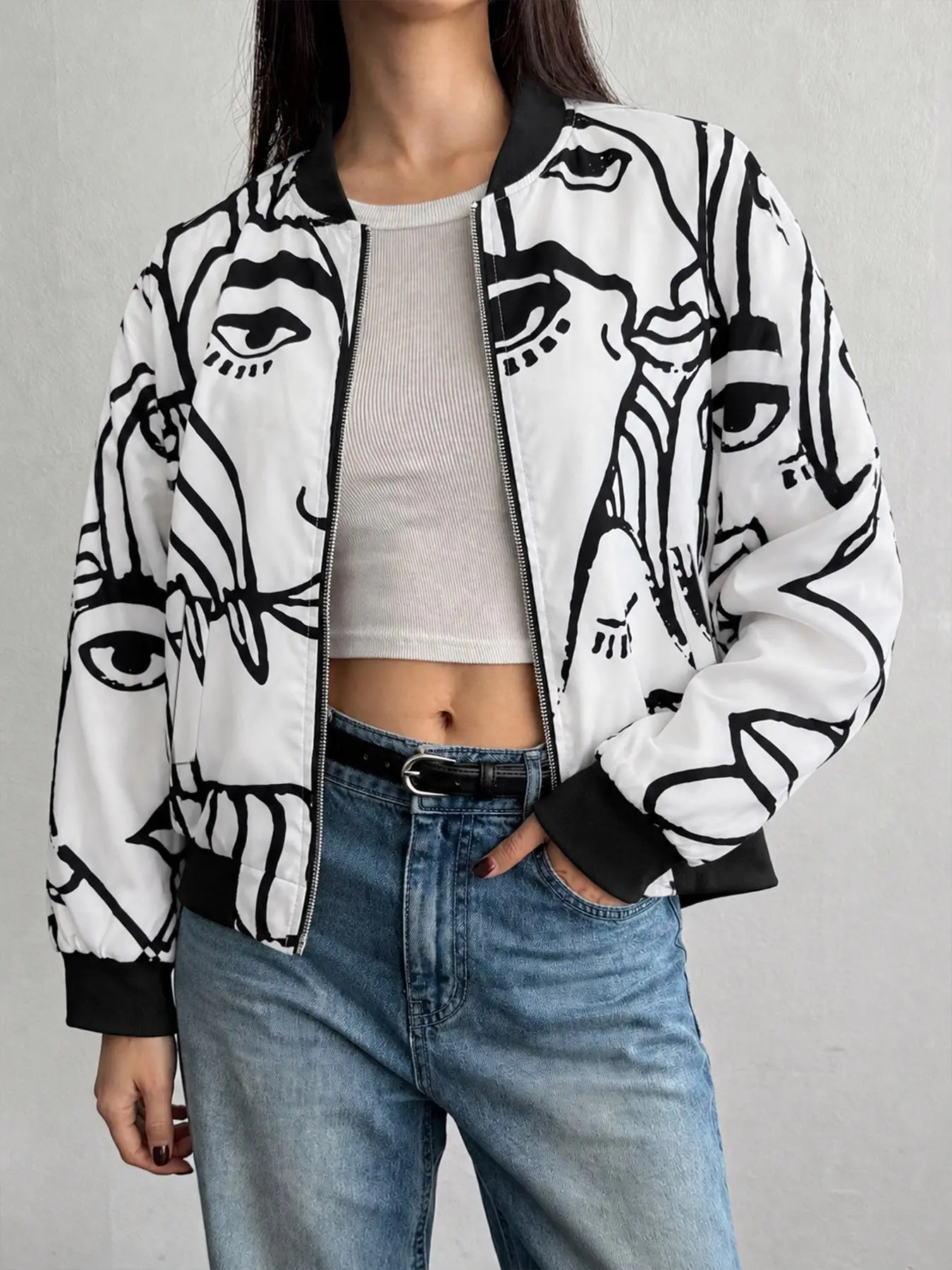 Summer Fashion Bomber Jacket with Black Abstract Faces, Casual Streetwear, Multi-Scene Wear, Eye-Catching Women’s Apparel