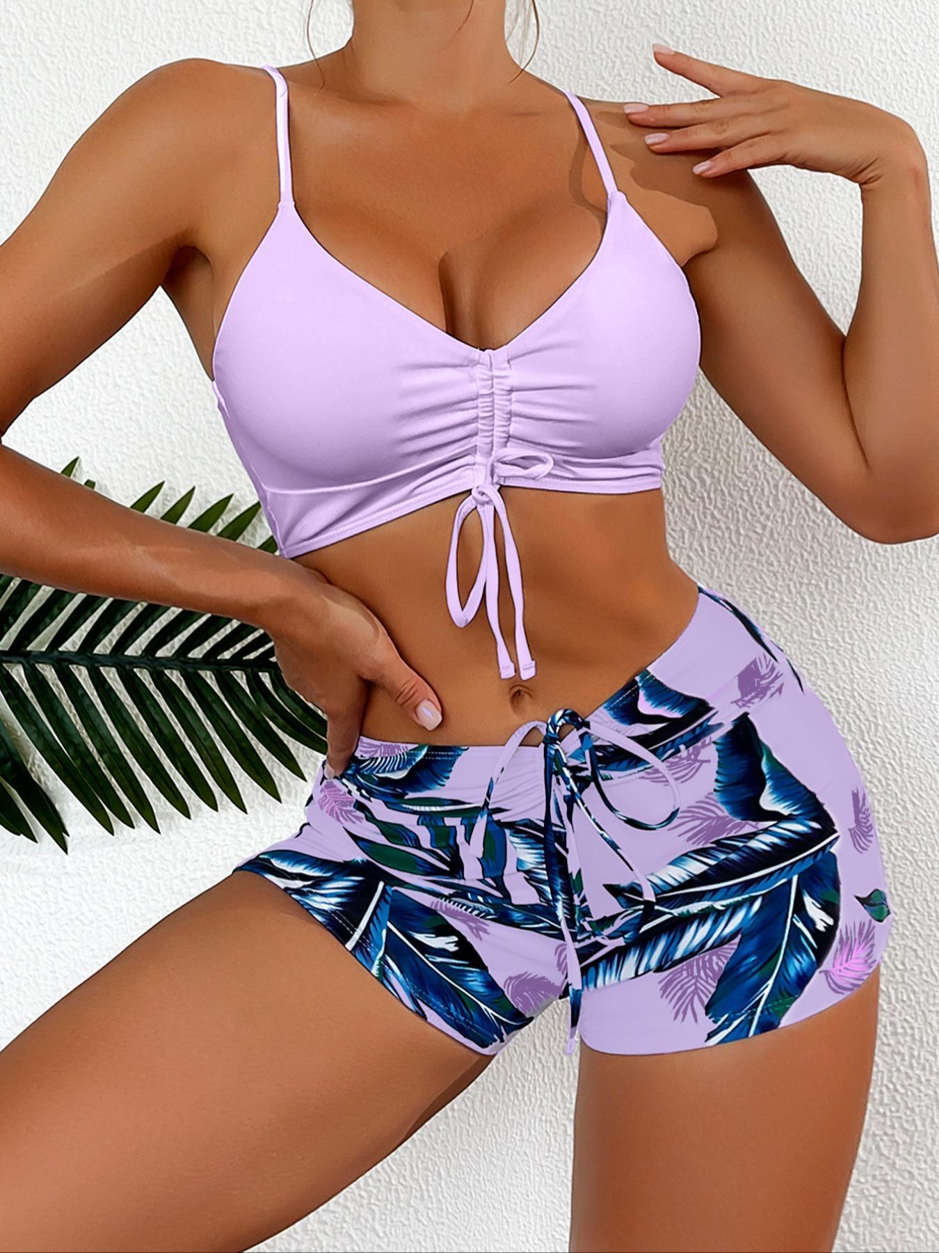 2 Piece Set Women's Drawstring Ruched Bikini Set, Casual Adjustable Strap Swim Top & Tropical Print Leaf Print Swim Shorts, Ladies Bikinis for Summer, Summer Beach Bikini, High Stretch